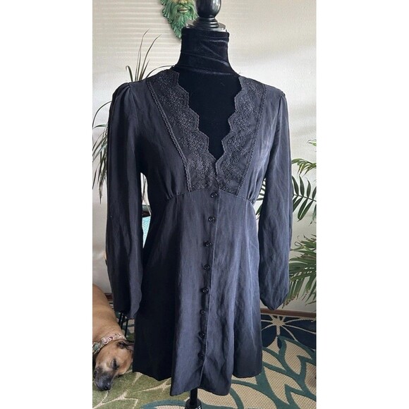 ZARA Front Lace Long Sleeve Button Front Dress Size Medium Black  Gothic - Picture 1 of 12